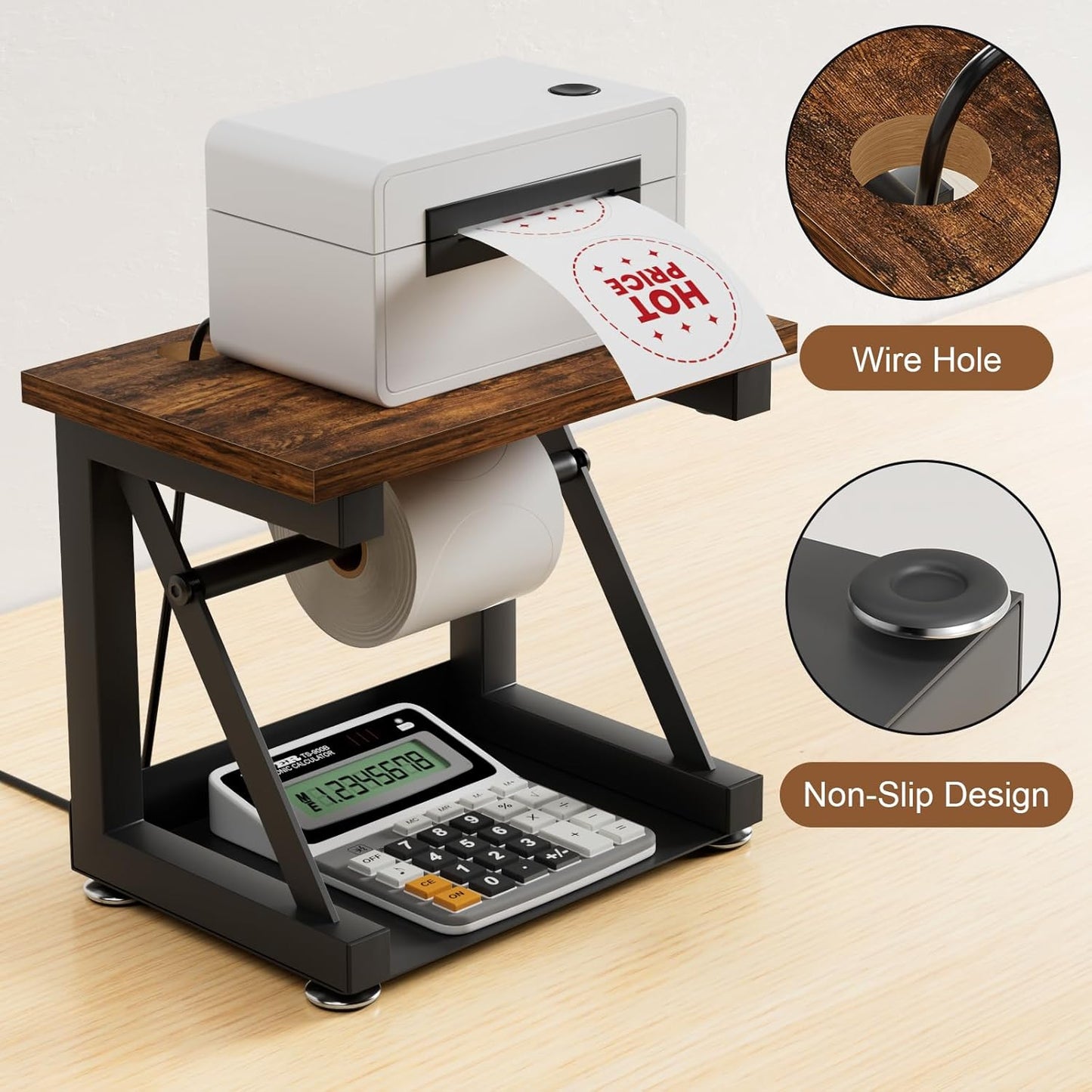 Label Holder for Thermal Printer, Heavy Duty Metal Label Holder for Rolls and Fan-fold Labels, Desktop Printer Accessory Supplies for Home, Office, Small Business (Black)