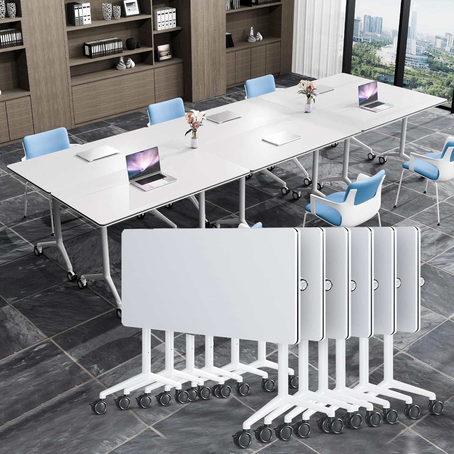 Conference Table, Folding Conference Tables for 2-20 People, Modern Conference Room Table with Wheels, Super Sturdy Large Rectangle Mobile Meeting Seminar Tables for Office (6PCS 55.1in)
