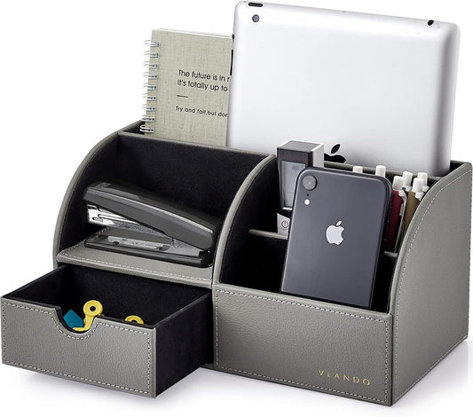 Vlando Desk Organizer with Drawer, Back to School Supplies - 5 Compartment Desktop Storage Holder with Organizer Section for Desk Accessories (Gray)