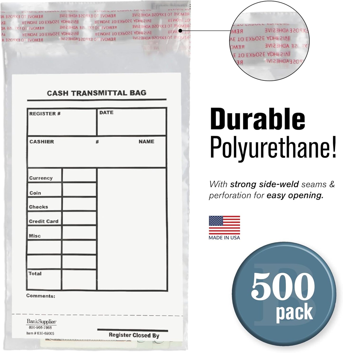 BankSupplies Cash Transmittal Bags Tamper-Evident 6W x 9H Case of 500 Clear Polyurethane with Side-Weld Seams for Currency, Coins, Checks, and Receipts