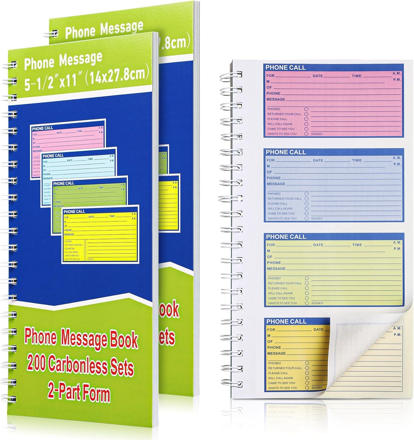 Sinmoe 2 Pcs Spiral Bound Phone Message Book with Carbon Copy 5-1/2" x 11" 2 Part Colorful Carbonless Telephone Message Pads Duplicate Spiral Phone Call Log Book for Business Office