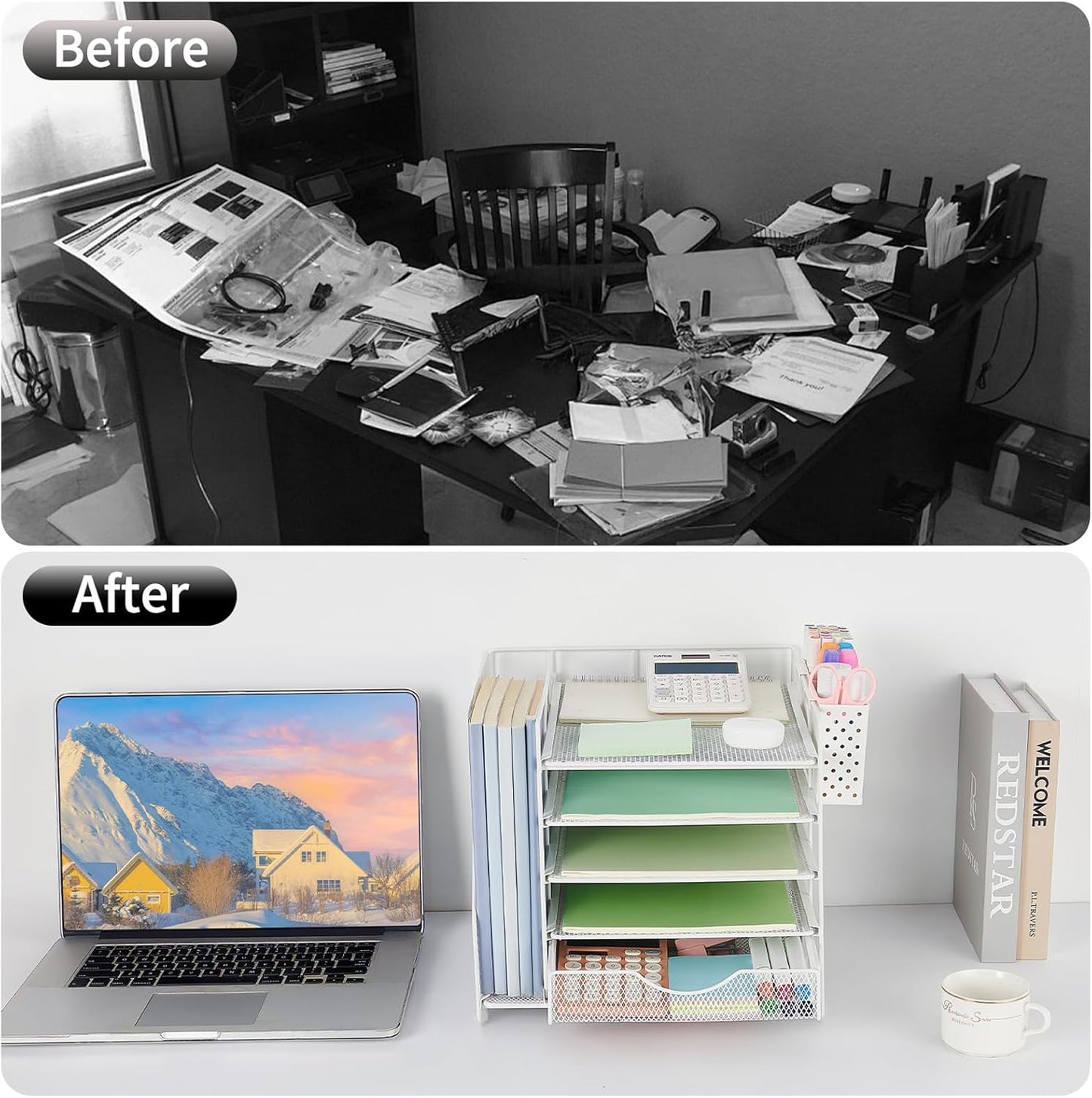 Desk Organizer with Drawer and Pen Holder, 5-Tier Paper Letter Tray Organizer with File Holder, Suitable for Workspace Organizer Office Supplies Storage (White)