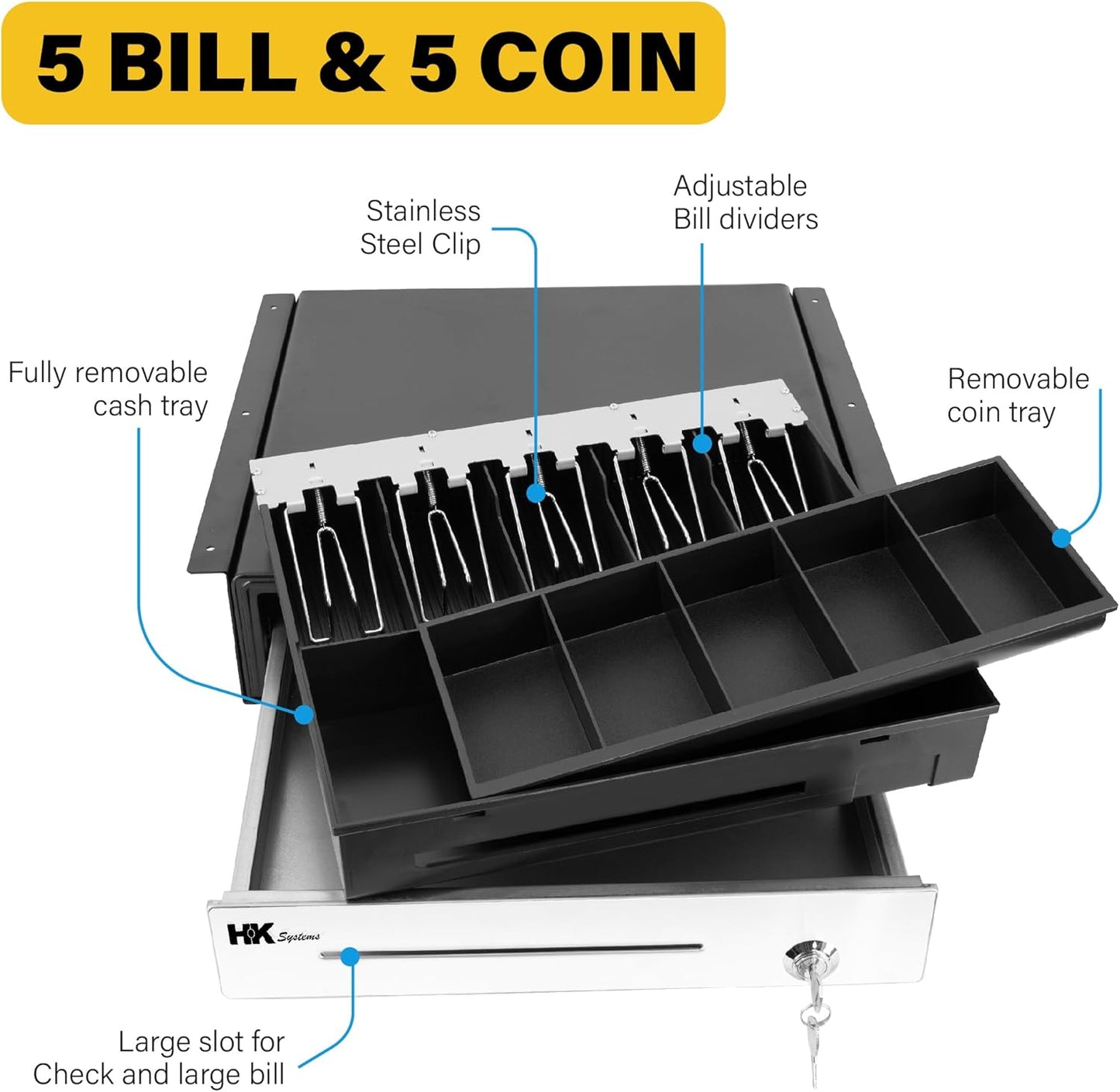 HK SYSTEMS 16" Heavy Duty Black"Push" Open Cash Drawer, 5B5C with Under Counter Mounting Metal Bracket and Till Cover