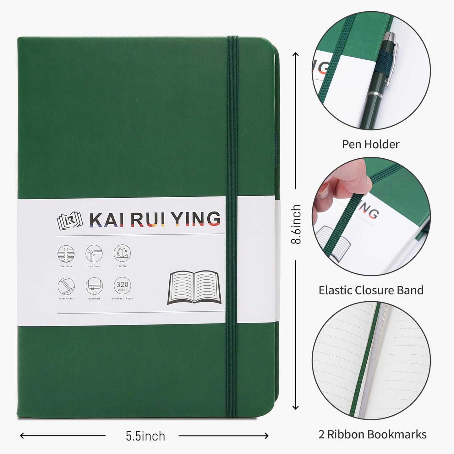 KaiRuiYing Lined Journal Notebook with Pen Holder, 320 Pages, 5.5'' × 8.6'' Medium Size A5-100 GSM Thick Paper, for Writing, Work, Office, Leather Hardcover