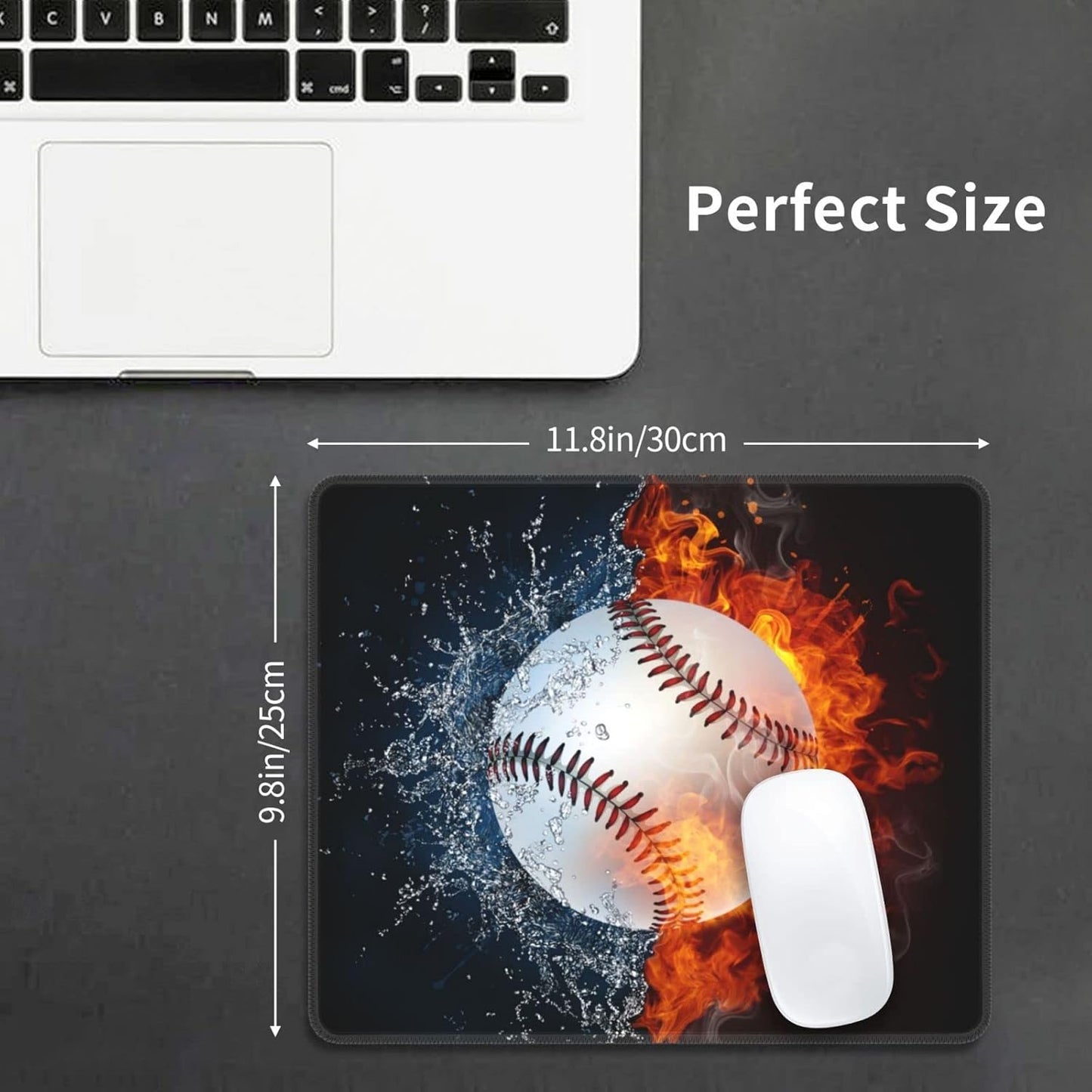 Baseball Mouse Pad for Boys Men Desk, Cool Sports-Themed Mouse Pads with Fire & Water Pattern Printed, Rectangle Non-Slip Rubber Base Gaming Mousepad for Laptop Computer