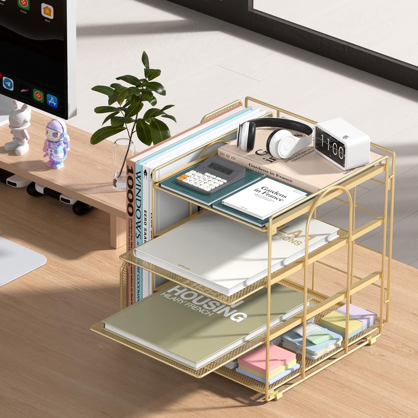 Desk File Organizer and Accessories, 4-Tier Paper Organizer with Vertical File Holder, Office Desk Accessories & Workspace Organizers and Storage for Office Supplies (Gold)