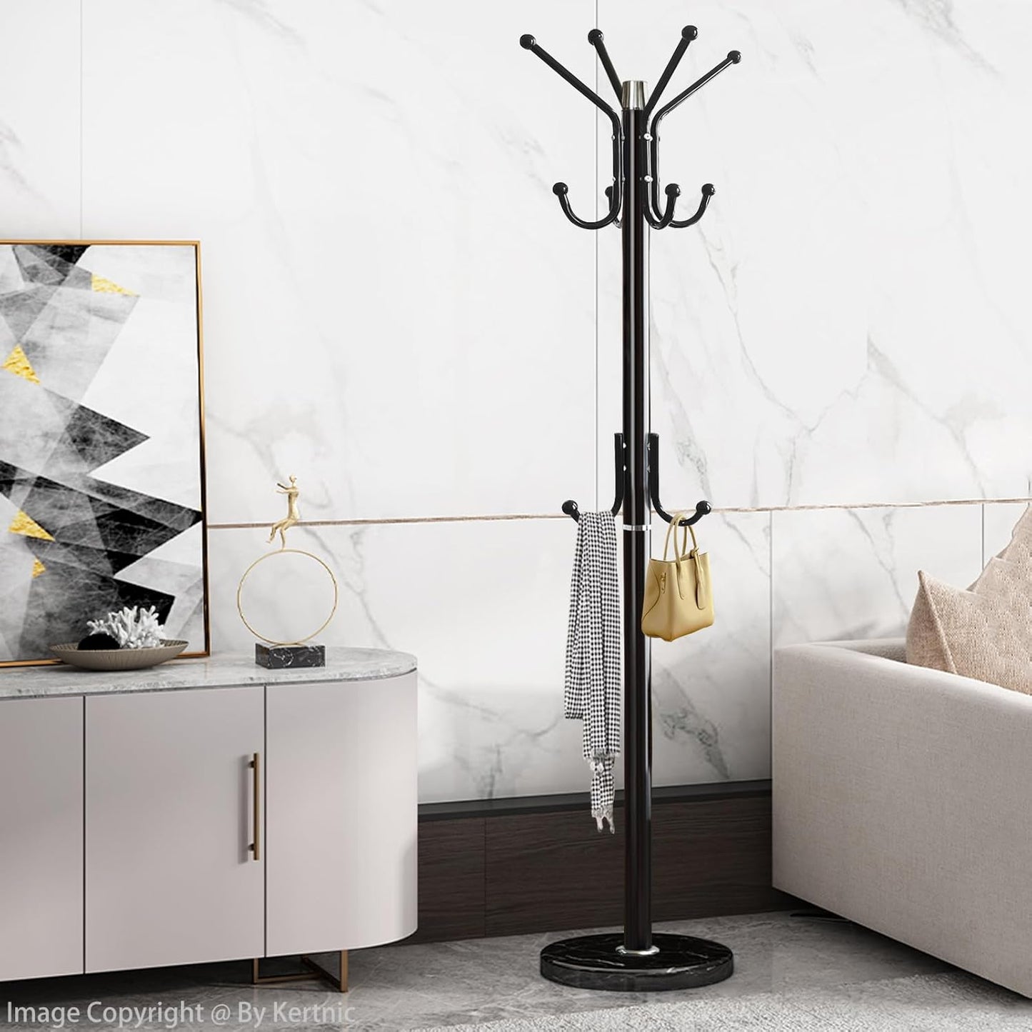 Kertnic Modern Coat Rack Freestanding with Natural Marble Base & Sturdy Metal Frame, 11 Hooks Hall Tree for Jackets, Hats, Bags, Entryway Organizer for Bedroom, Living Room, Closet (11 hooks-Black)