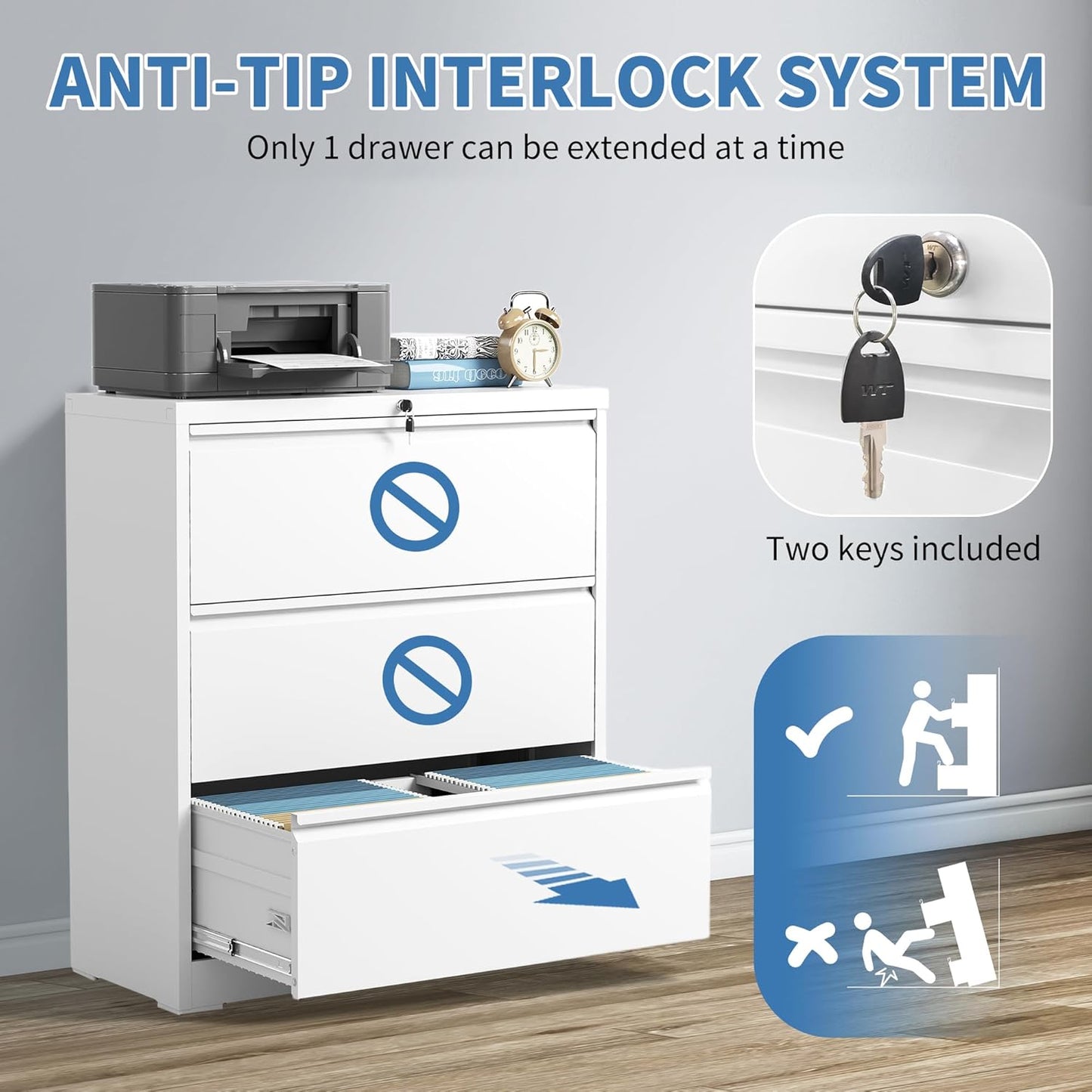 File Cabinets 3 Drawer,Metal Office Storage Filing Cabinet with Lock,White Lateral Filing Cabinet for Home Office,Horizontal Locking File Cabinets for Legal/Letter/A4,Assembly Require,White