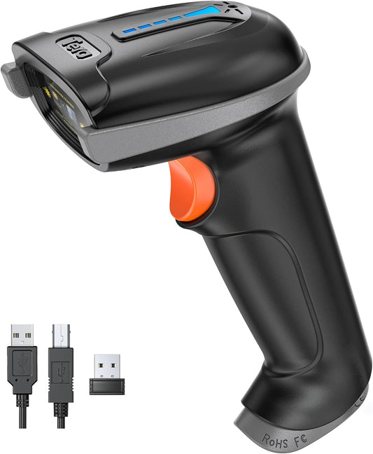 Tera Barcode Scanner Wireless Versatile 2-in-1 (2.4Ghz Wireless+USB 2.0 Wired) with Battery Level Indicator, 328 Feet Transmission Distance Rechargeable 1D Laser Bar Code Reader USB Handheld (Grey)