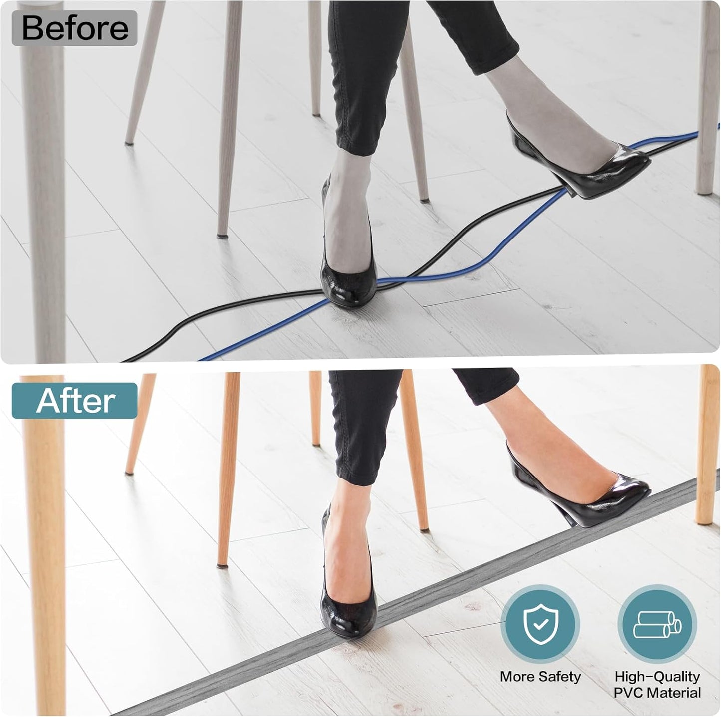 Floor Cord Cover Self Adhesive Cord Hider Floor Extension Cord Covers for Floor Power Cord Protector Cable Management Prevent Cable Trips Cable Cavity 0.51" W x 0.31" H (Light Grey Wood, 10Ft)