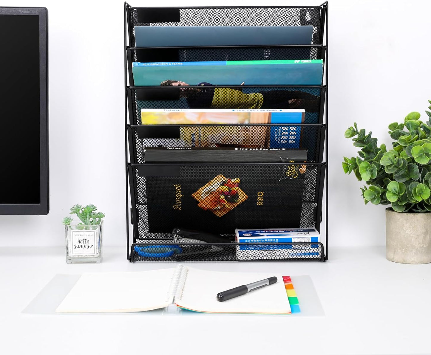 EasyPAG 5-Tier Wall File Holder, Mesh Hanging Folder Organizer with Classify Label, Versatile Desk File Organizer for Office Home, Vertical Wall Mounted Mail Sorter, Easy Assembly, 2 Pack Black