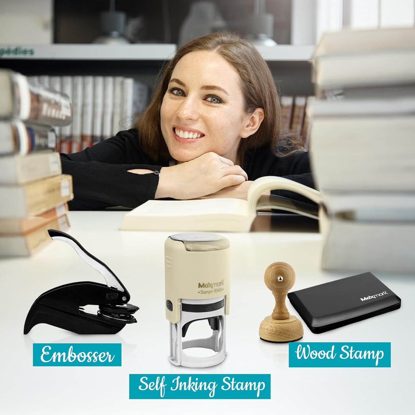 Custom Library Embosser - Style 111 - Embosser, Wood Stamp or Self Inking Stamp - Book Embosser Includes 50 Gold Seals - Custom Stamp Seal from The Library of