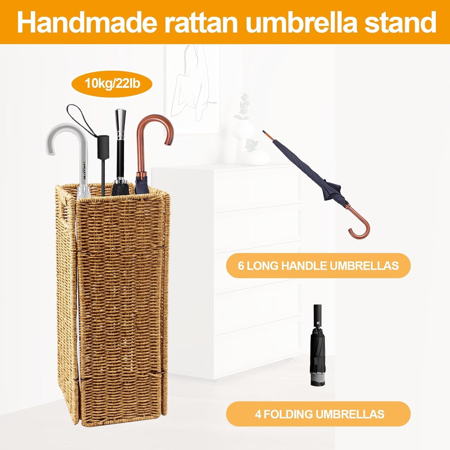 Rattan Umbrella holder, Hand Woven Umbrella Holder for Entryway, Indoor Umbrella Rack Organizer Freestanding, Umbrella Bucket Fits Mudroom,Walking Canes,Home,Office