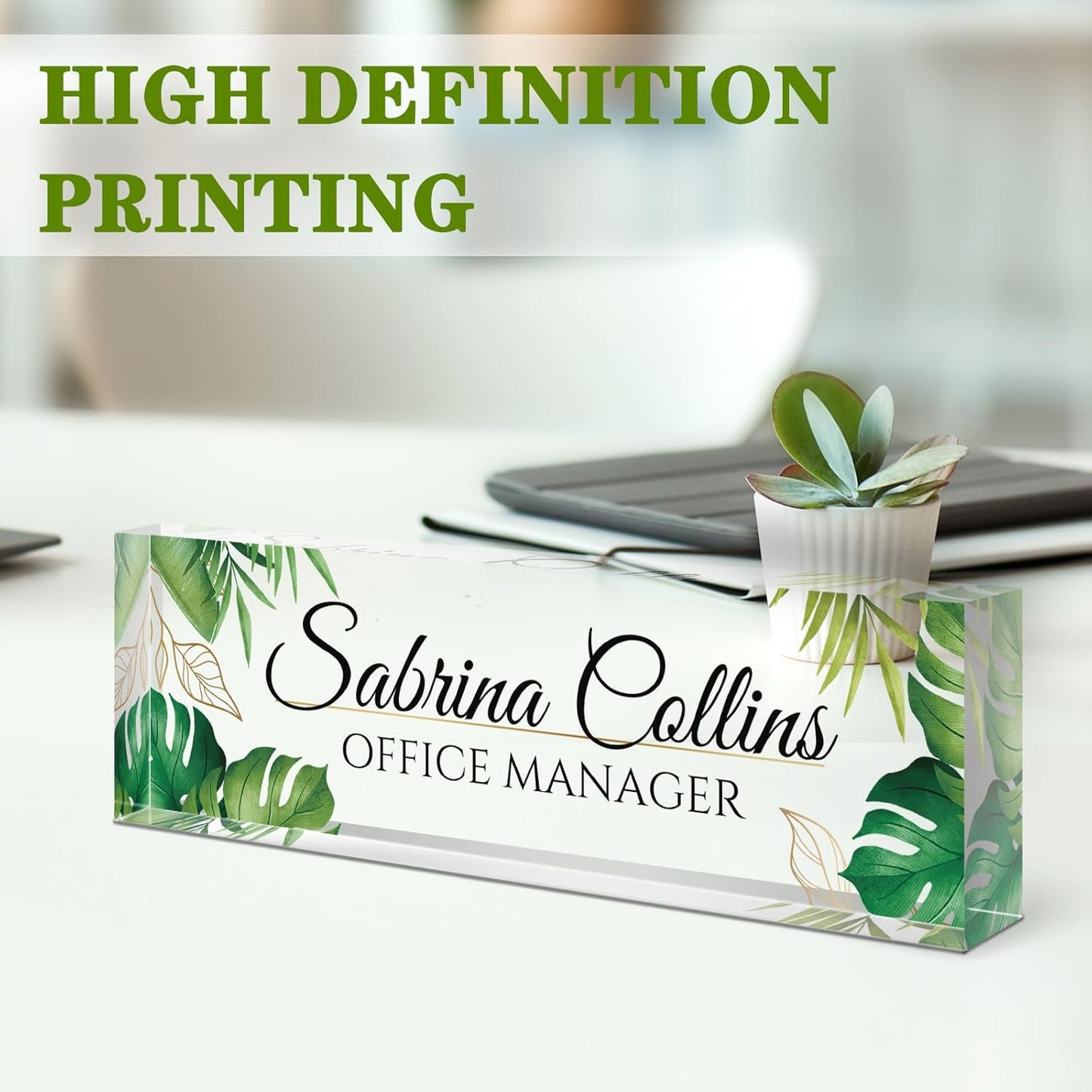 Custom Name Plate for Desk, Desk Name Plate Personalized, Office Decor for Women Men, Acrylic Desktop Accessories, Office Appreciation Gifts for Boss Social Workers Nurse Teacher Employee(Green Leaf)