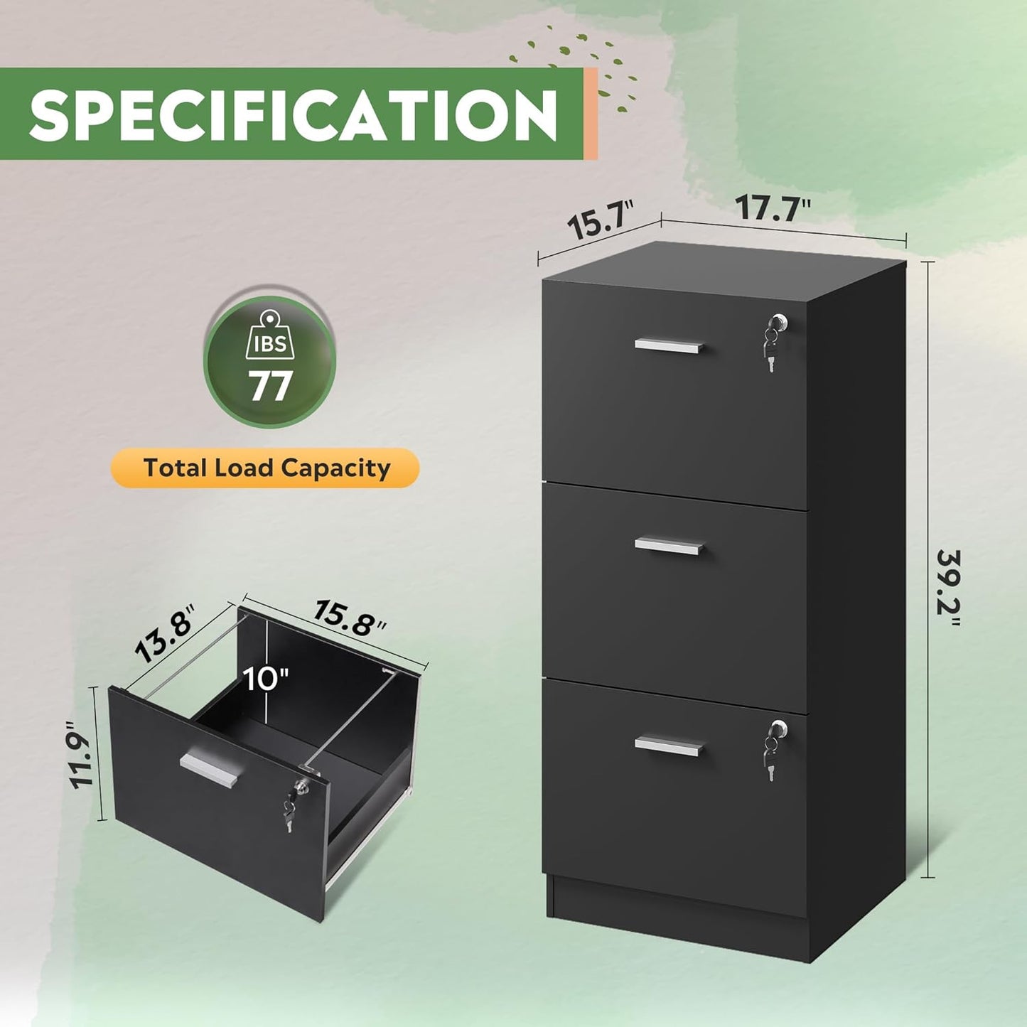 DEVAISE 3 Drawer File Cabinet with Lock, Vertical Wood Filing Cabinet for Home Office, Printer Stand for Letter and A4 Size, Black