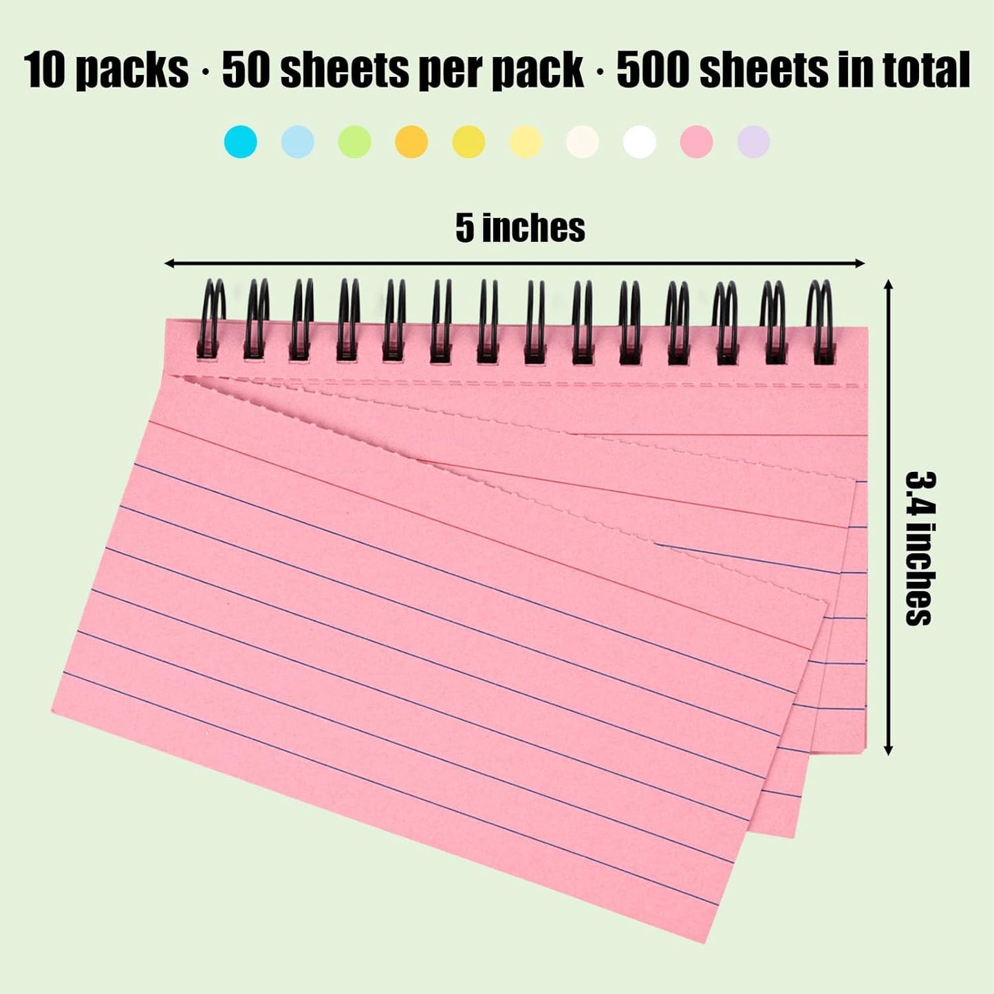 Koogel 500PCS Colored Index Cards 3x5, Spiral Index Cards with Rings for Back to School, Lined Ruled on both Side Heavy Notecard Flashcard for Studying Nursing College Taking to Do List,10 Colors