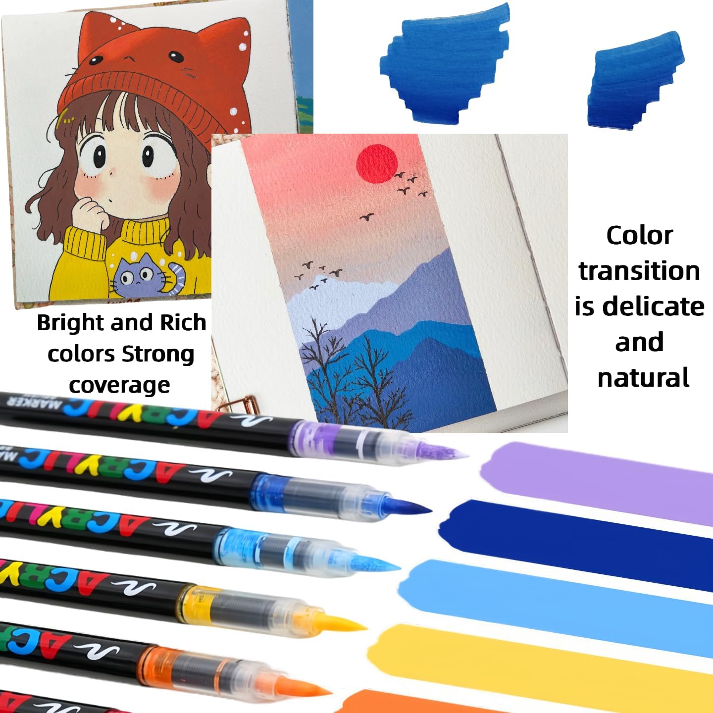 Acrylic Paint Markers, 24 Colors Acrylic Paint Pens with Soft Brush Tip, Auto Ink Control System, Fast-Drying High Coverage for Rock, Canvas, Wood, Ceramic, Plastic & DIY Crafts Art Supplies