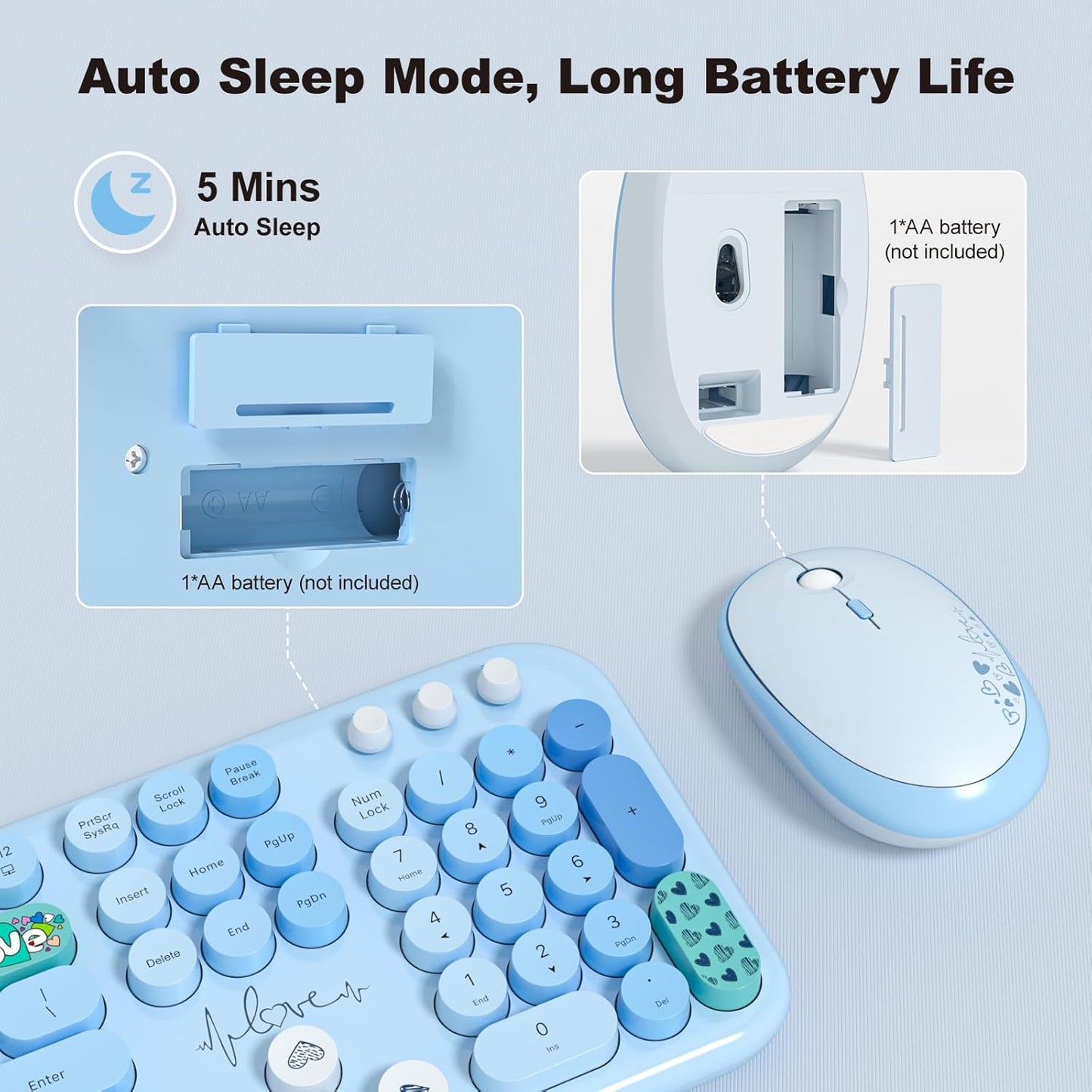 MOFII Wireless Keyboard and Mouse Combo, Cute Full Size Retro Typewriter Keyboard and Wireless Mouse, 2.4GHz Set for PC/Desktop/Laptop/Windows (Blue Colorful)