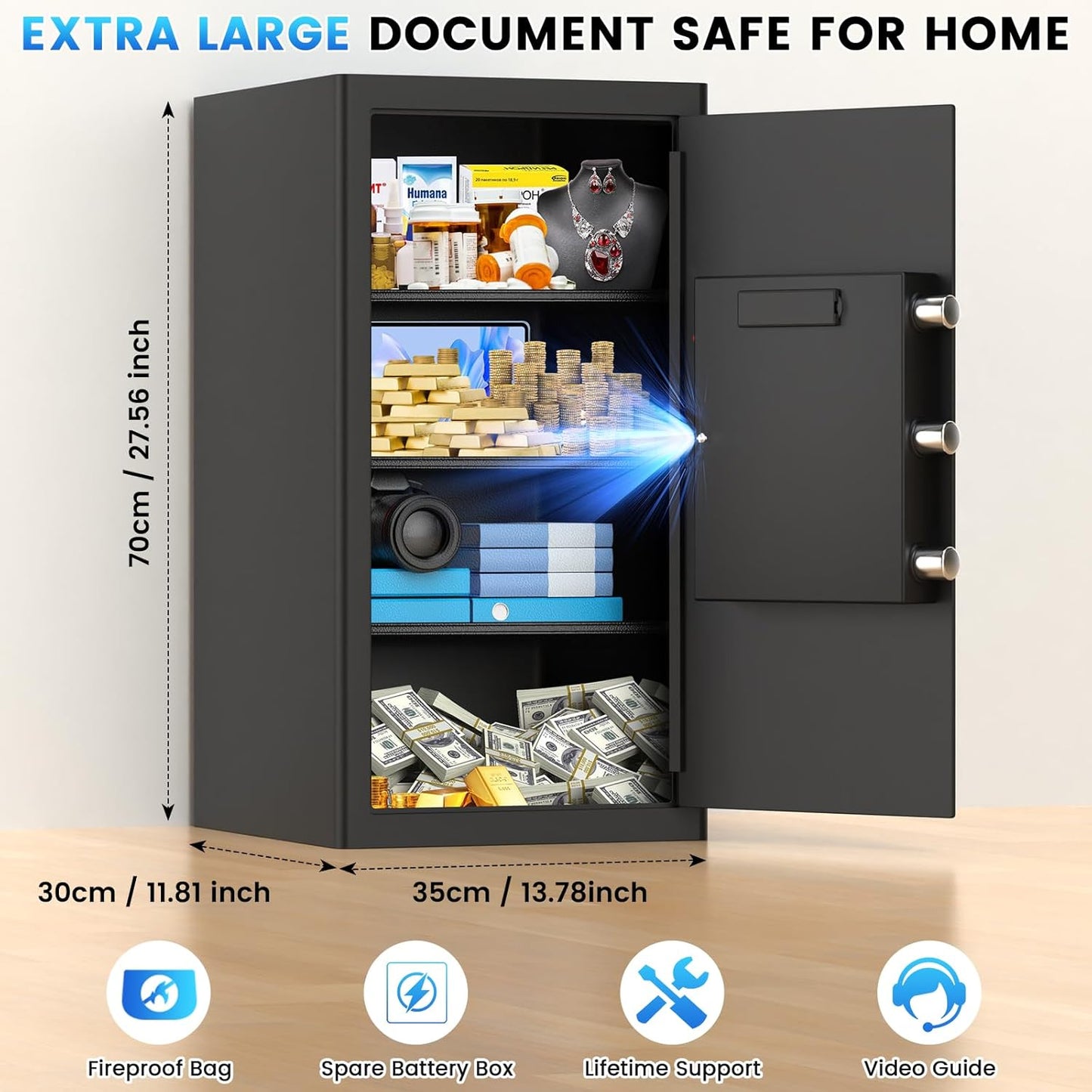 27.56"H Steel Safe Box, 6.0 Cuft Home Safes with Fireproof Waterproof Bag, Digital Security Safes with Programmable Keypad Keys, Smart Alert, Mute Mode, Anti-theft Safety Box for Documents Valuables
