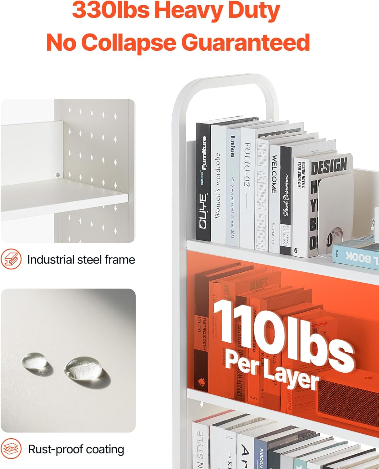 VEVOR Rolling Library Book Cart, 330 lbs Capacity, 30.3 x 15 x 48.0-Inch Library Cart, Single Sided L-Shaped Shelves with 3-Inch Lockable Wheels, Book Truck for Home Shelves Office and School, White