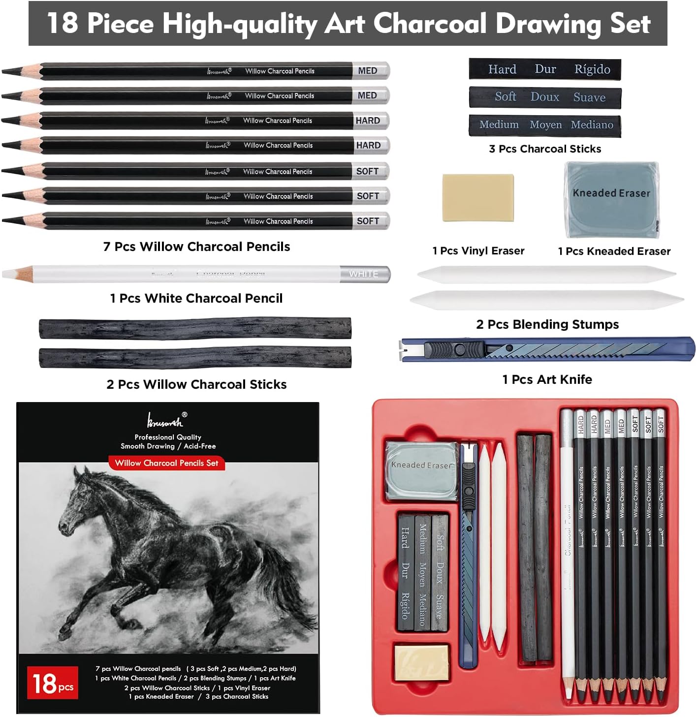 Charcoal Pencils for Drawing, 18 Pcs Art Pencil Kit, Professional Sketching Pencil, Art Supplies for Drawing, Shading, Sketching, Blending, Artist Pencils for Beginners & Artists