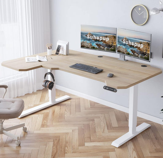 Electric Height Adjustable Standing Desk, Sit - Stand Desk for Work or Home Office Push Button Memory Settings Splice Board (Light Oak, 59x24)