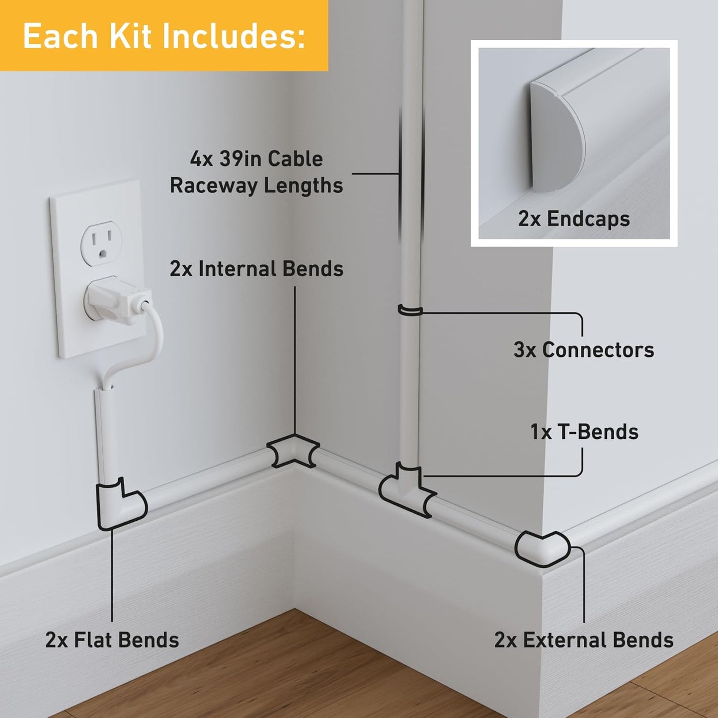 D-Line 13.12ft Cord Hider Kit, Patented Cable Cover, Hide Wires on Wall, Channel for TV Mount Cords, Raceway Wire Hiders, Paintable, Adhesive, Half Round, 4X 0.78in W x 0.39in H x 39in Lengths, White
