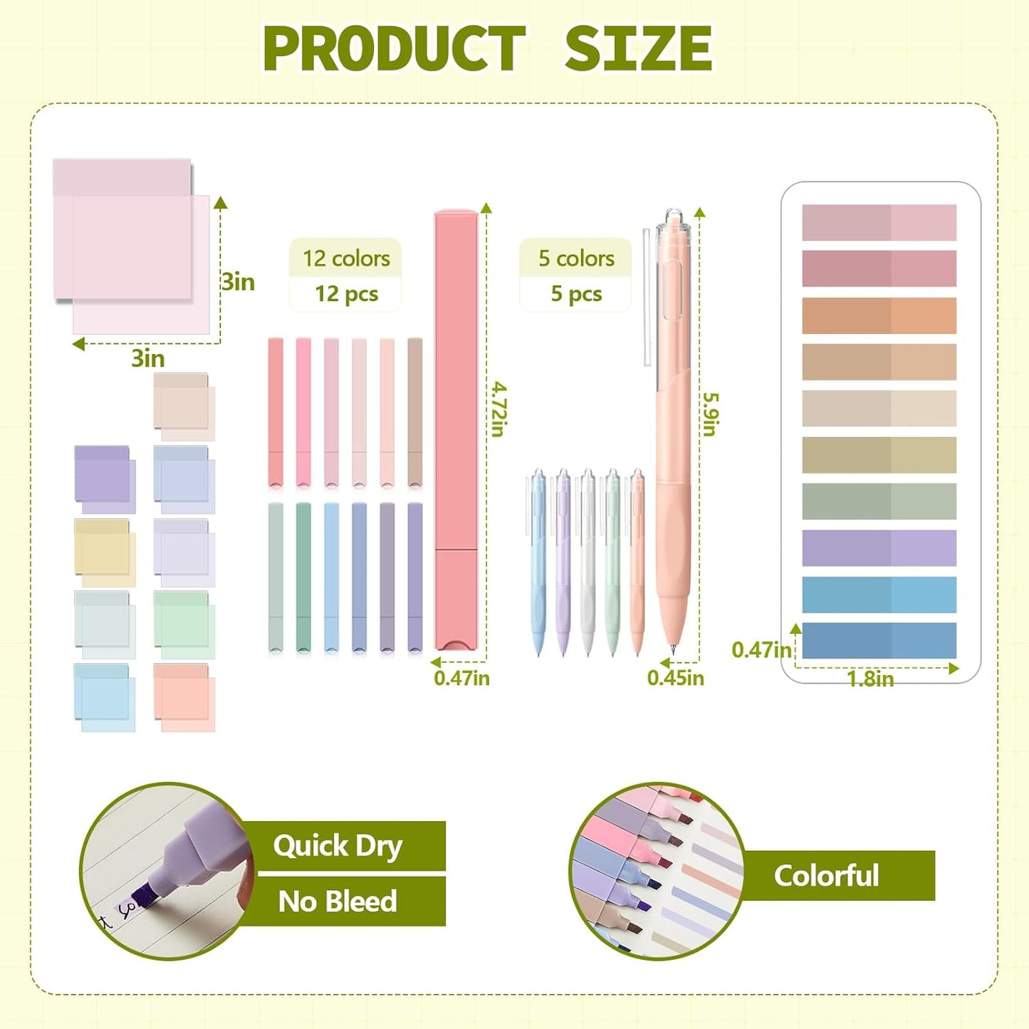 Jutom 39 Pcs Aesthetic Book Annotation Kit Highlighter with Pencil Case Bag Gel Pen Transparent Sticky Note Taking Bible Study College School Supplies(Green,Classic Style)