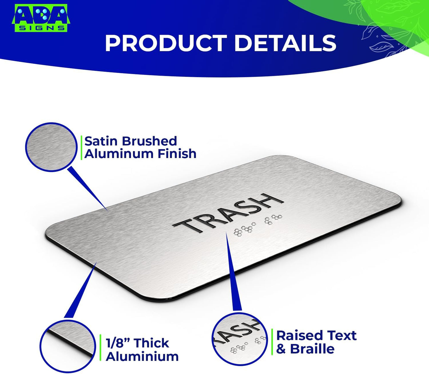 ADASigns Trash Sign 7”x4” - Durable Brushed Aluminum with Grade 2 Braille - Easy Installation with Strong Adhesive Tape - ADA Compliant Signs for businesses, Restaurants & Retail Stores