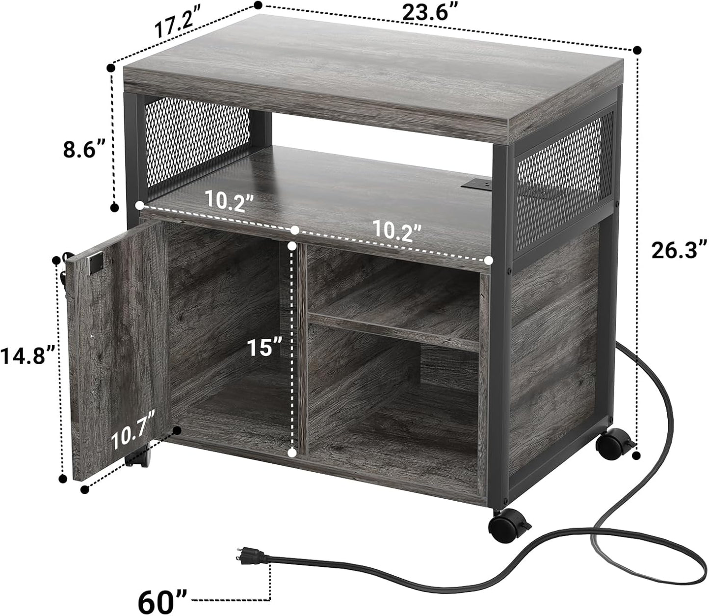 Unikito Rolling File Cabinet Lateral Office Filing Cabinets with Socket and USB Charging Port, Modern Printer Stand on Wheels Printer Cabinet with Door and Open Storage, Lockable, Black Oak