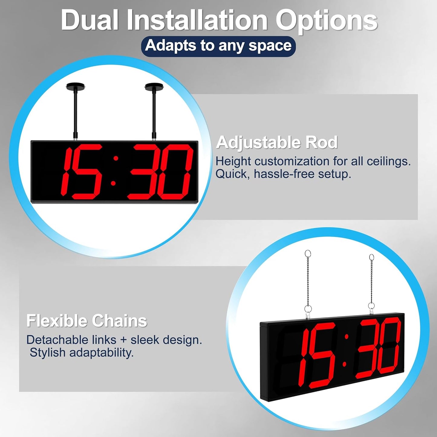 Digital Clock Large Display 19" with Remote Control,Double-Sided Clock, Suspended Design for Hospitals, Factories, Airports.