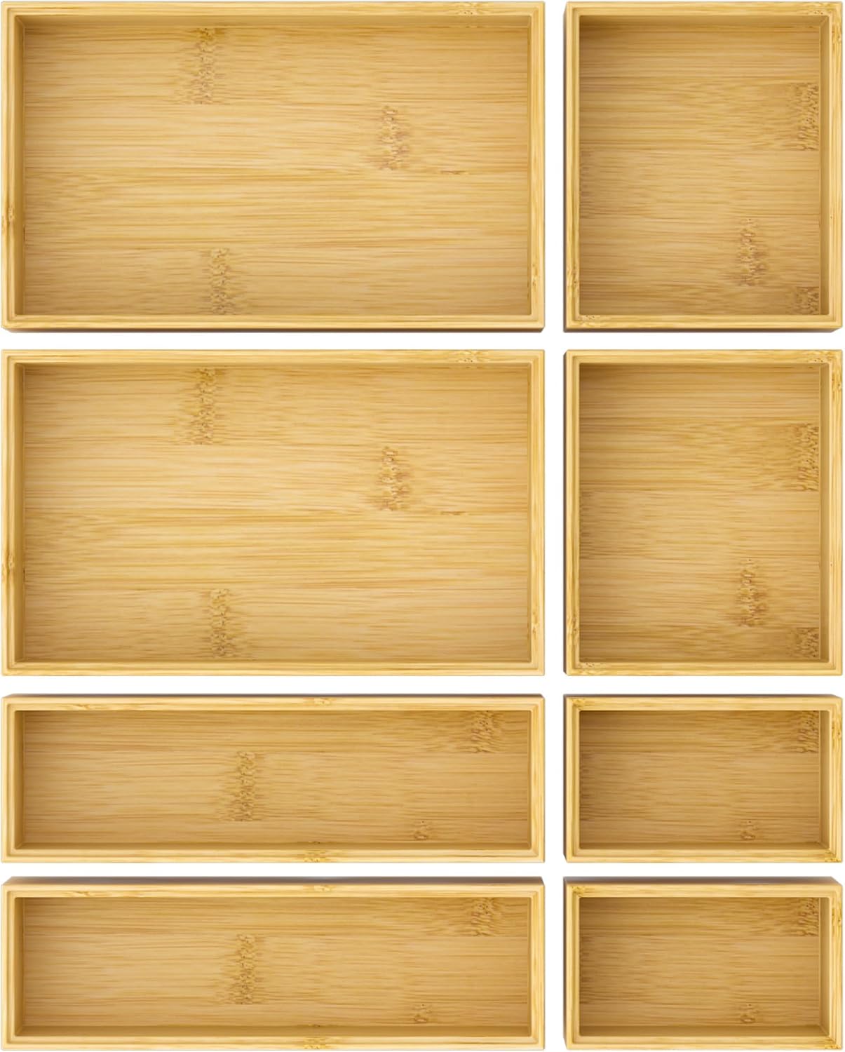 Bathroom Drawer Organizer Trays, Bamboo Silverware Drawer Organizer Kitchen Utensils, 8 PCS Wood Box Stackable Bins for Makeup, Office Desk, Vanity, Junk Drawer