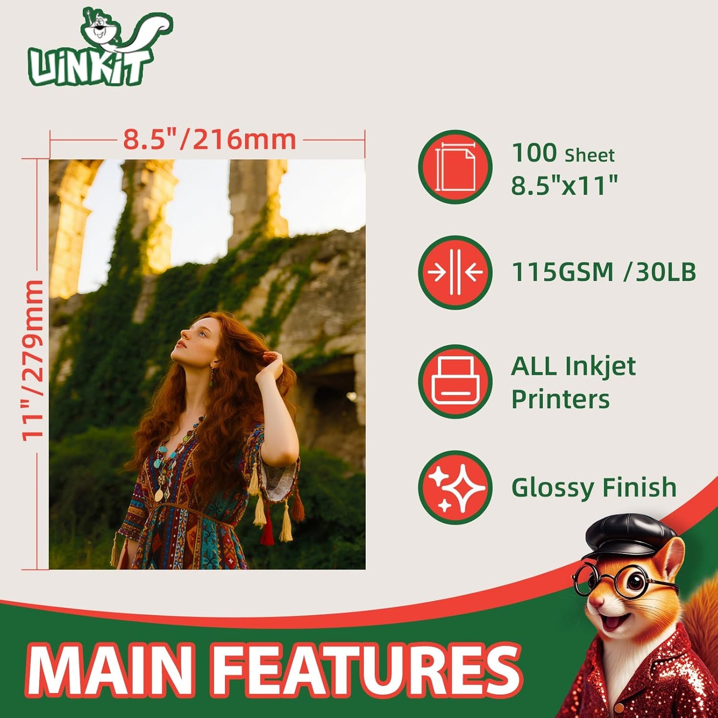 Uinkit 100 sheets 30lb Very Thin Flyer Paper Glossy 8.5x11 Inkjet Single Side DIY Chip Bag 115gsm Photos Picture for Inkjet Printer with Dye Ink Letter size A4 Brochure