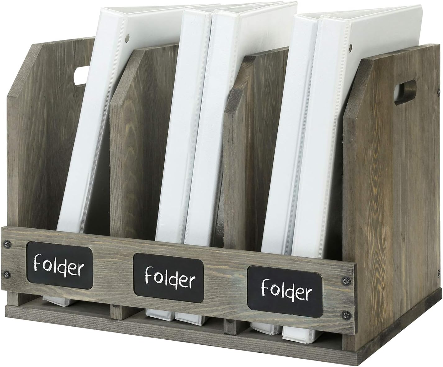 MyGift Vintage Gray Solid Wood Magazine Holder with 3 Compartments and Chalkboard Label, Office Home Desktop Document Organizer, Desk File Folder and Binder Rack