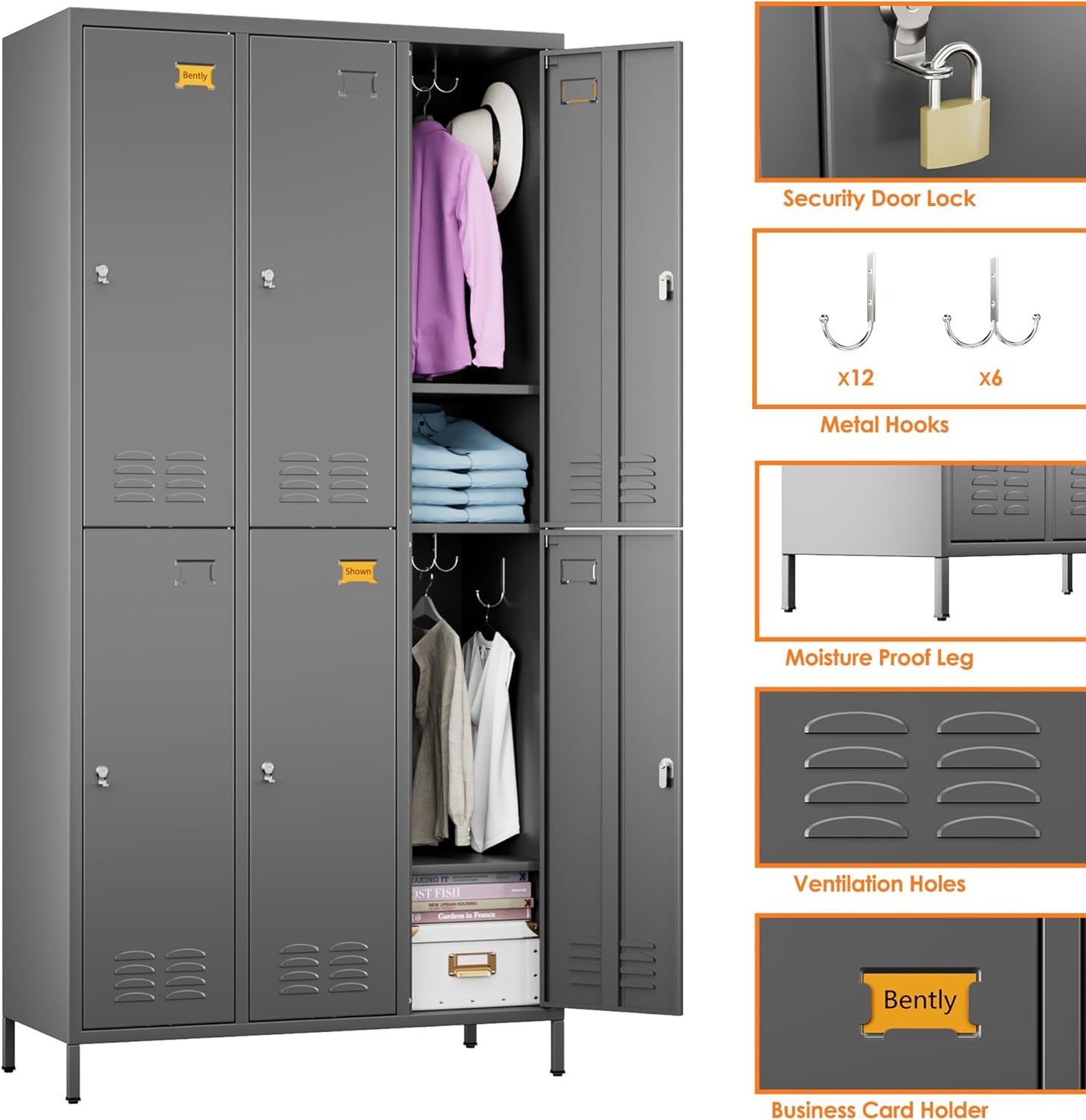 6 Doors Metal Lockers for Employees with 18 Hooks and Business Card Holder, Metal Locker with Ventilation Holes for School Garage Office Gym Home,Assembly Required,Dark Grey