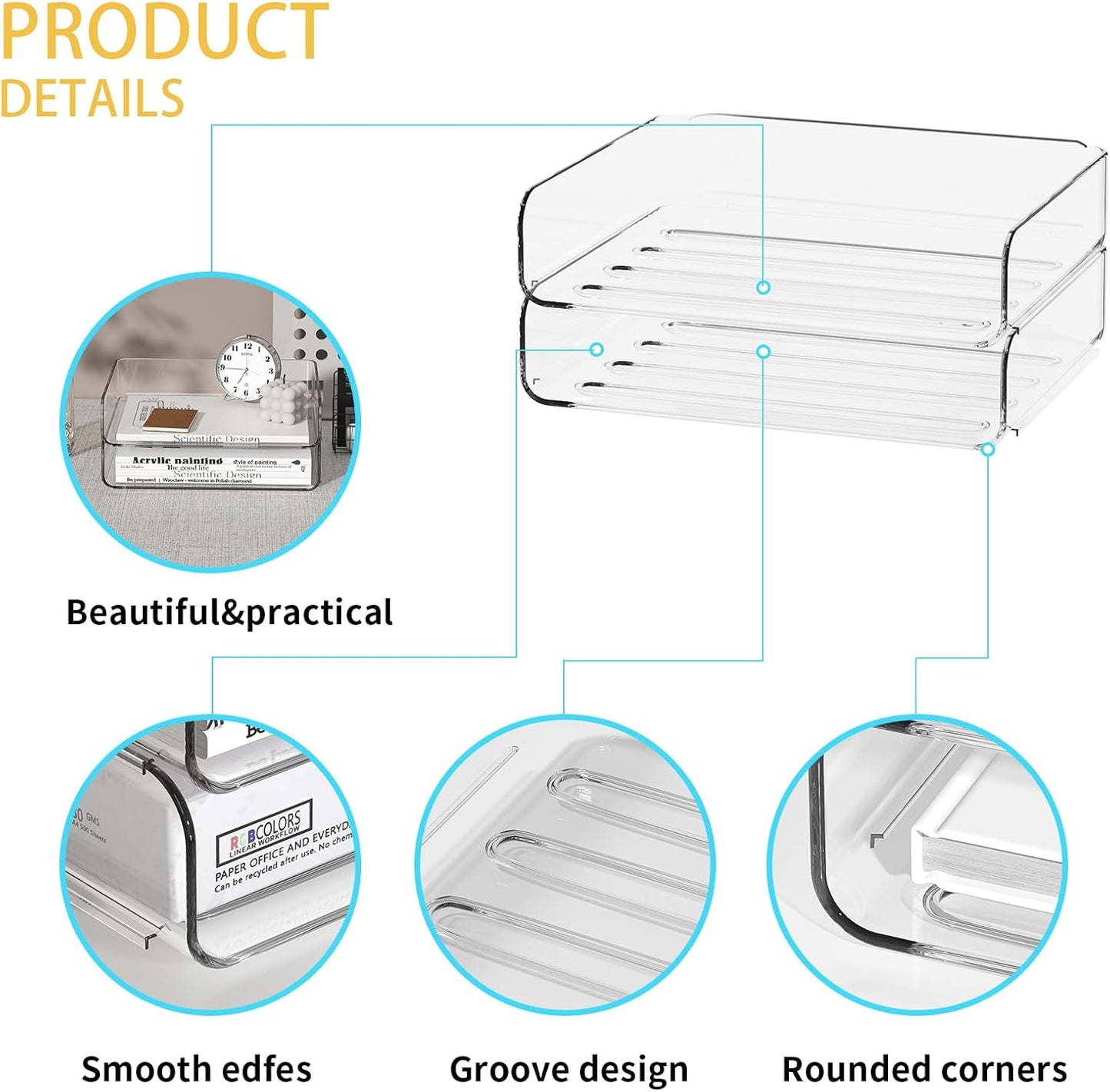 2-Tier Acrylic Paper Tray Organizer-Low-ProfileDesk File Sorter for Office/Home, Clear Stackable LetterTray for Bills, Crafts, Notebooks