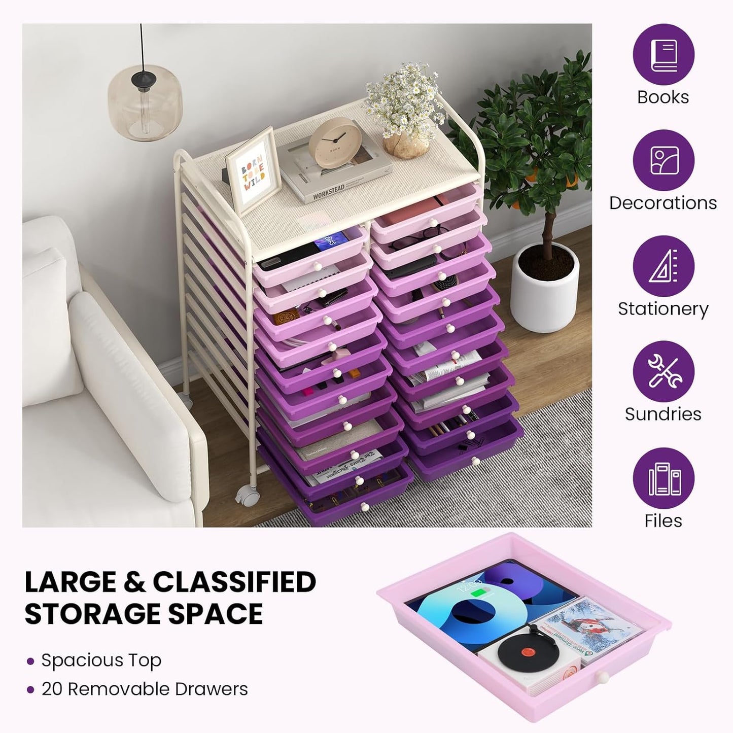 Giantex 20 Drawers Rolling Cart, Mobile Storage Drawer Cart, Classroom Organizer Cart for Office School Supplies Tools Scrapbook Paper Craft Small Printer, Utility Cart on Wheels, Gradient Purple