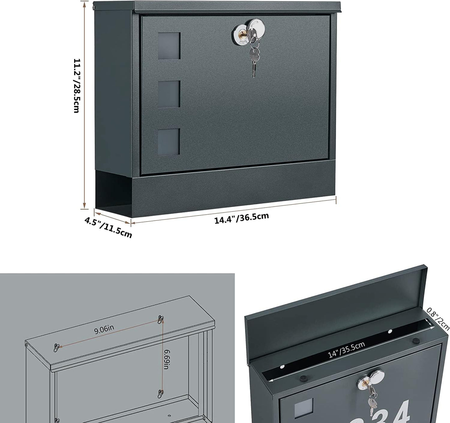 LAND·VOI Locking Mailbox Wall Mounted, Metal Postbox with Three Sets of Mail Box Number Stickers, 4 Keys, 14.4" x 4.5" x 11.2", Large Capacity, Anthracite Gray AMB11G