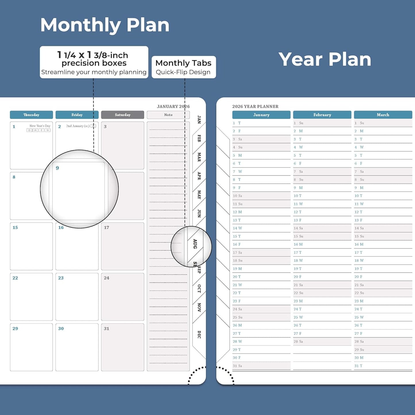 Planner 2026 Daily Weekly and Monthly,11.5"x8.5",12 Months Spiral Bound Calendar Agenda with Self-adhesive Pen Holder,2026 Appointment Book with Vegan Leather Soft Cover,Blue