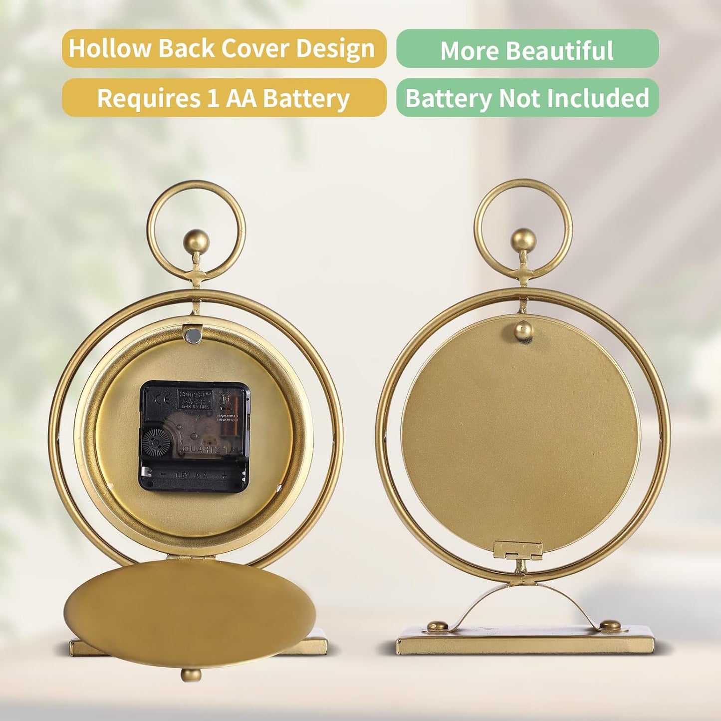 Vintage Table Clock on Stand, Decorative Metal Desk Clock, Small Antique Gold Silent Non-Ticking Battery Operated Farmhouse Shelf Table Clocks for Home Kitchen Bedroom Decor