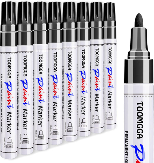 Black Paint Pens Permanent Paint Markers - 8 Pack Oil Based Marking Pens, Medium Point, Quick Drying and Waterproof Pens for Rock Painting Car Tyre Metal, Plastic, Canvas, Wood