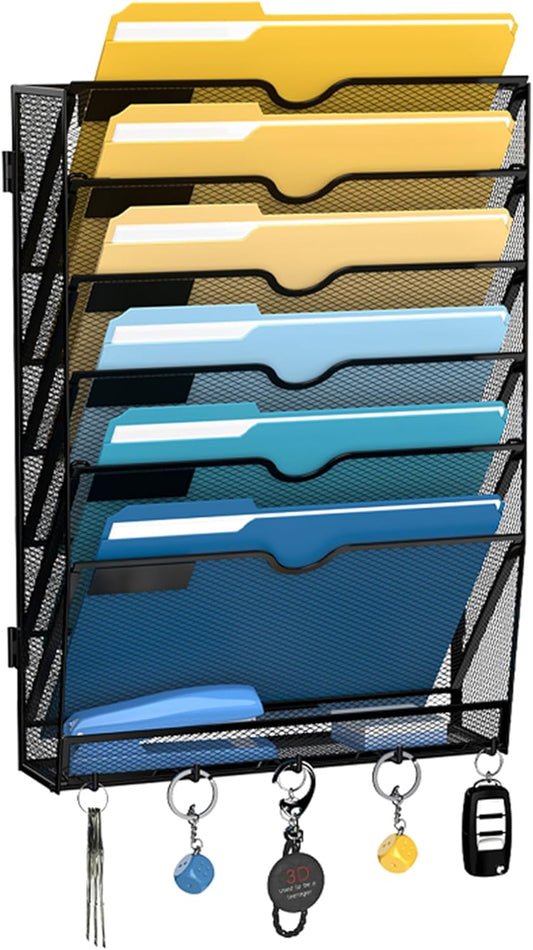 SUPEASY 7-Tier Wall File Holder Organizer with Hooks, Mesh Hanging File Organizer, Mail Organizer Wall Mounted for Papers, Folders, Office Magazine Rack, Assembly Needed, Black
