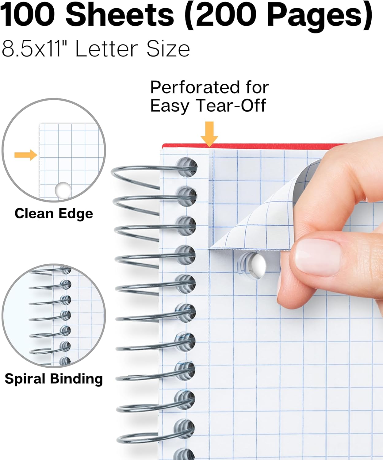 Dunwell Graph Paper Notebook 8.5 x 11 (3-Pack Red Blue Black) Plastic Cover, 100 Sheets (200 Pages), Perforated 3-Hole Punched, 4x4 Squares, Spiral Notebook, 1/4" Grid, Divider with Pockets