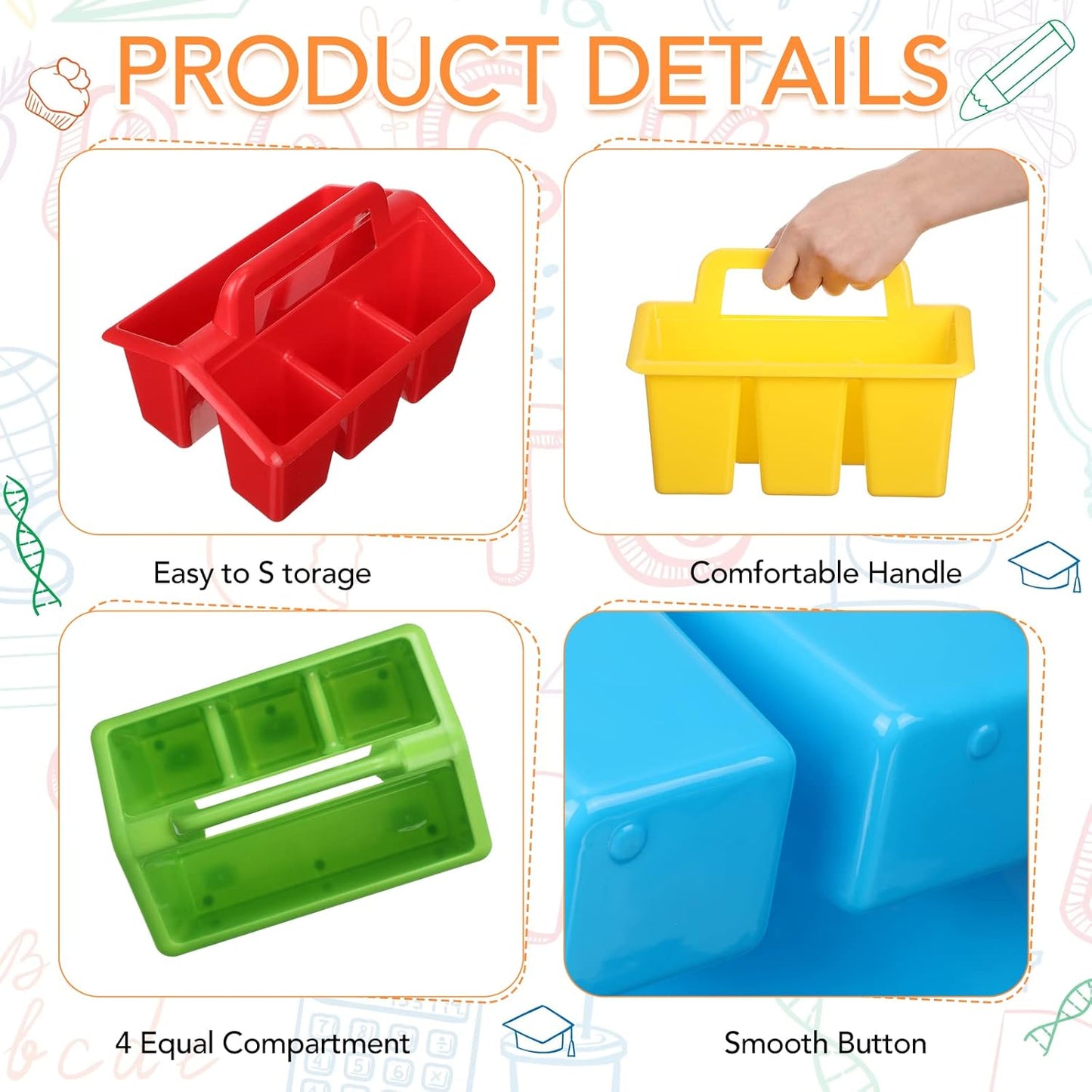 WILLBOND 12 Pcs Classroom Storage Caddies Stackable Utility Caddies with 4 Compartment Plastic Caddy with Handle Portable Storage Bins Organizers for Kids Schools Art Craft Supplies(Colorful)