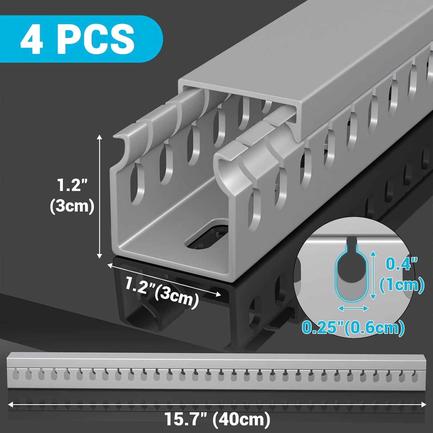 Open Slot Wire Duct Kit, 62.8"(4 x 15.7) Server Rack Cable Management, Cable Management Raceway for Hide Network HDMI VGA Cable, Wiring Raceway Cable Duct, Desk Wire Channel, 4 Pack, Grey