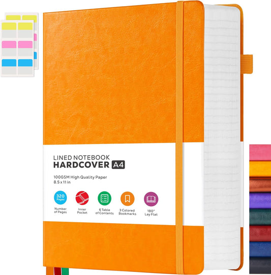 A4 Hardcover Notebook, Large 8.5 x 11 Notebook Journals for Writing Note Taking Women & Men, 320 Pages Hardcover Work Notebook Journal Notepad Writing Pads, Orange