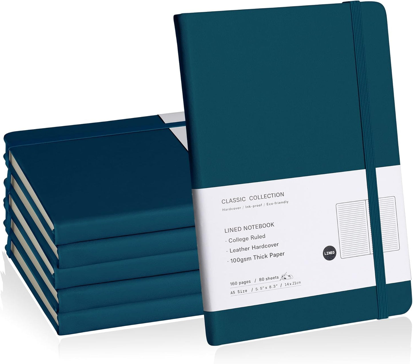 Lined Journal Notebook, 6Pack(Turquoise), 160 Pages, Medium 5.7 inches x 8 inches - 100 gsm Thick Paper, Hardcover