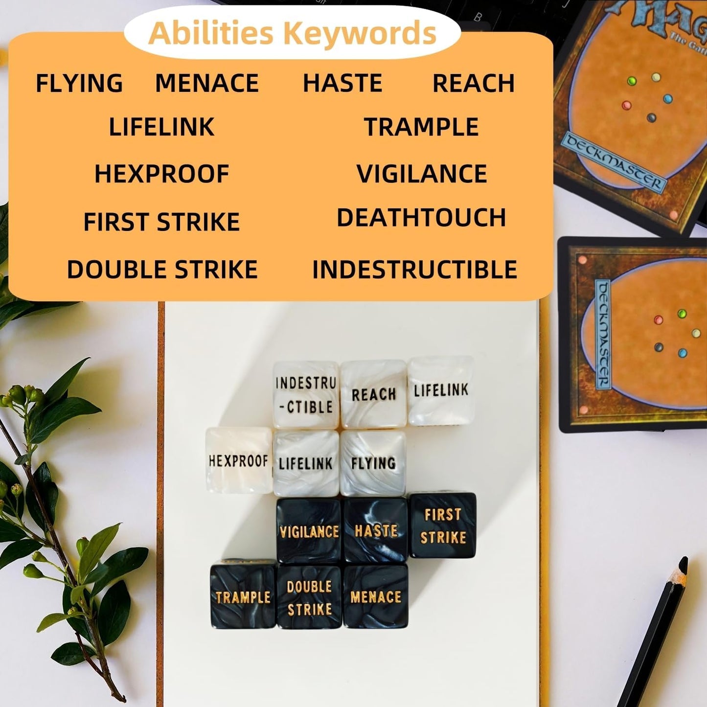 90 PCS MTG Counter Dice Set - AbilityKeyword Counters, -1/+1 Life Counter, Shield Counter, MTG Patterned Display dice, Creature Stat Buffs, Multicolor Marble Colour D6 Dice, MTG Games (Includes Bag)