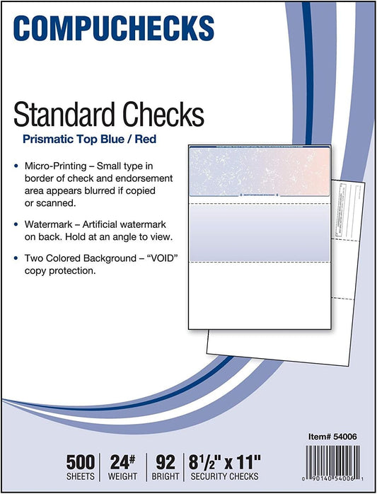 Business Voucher Check Stock - Versacheck Refills - 500 Sheets, Check on Top, Blue/Red Prismatic