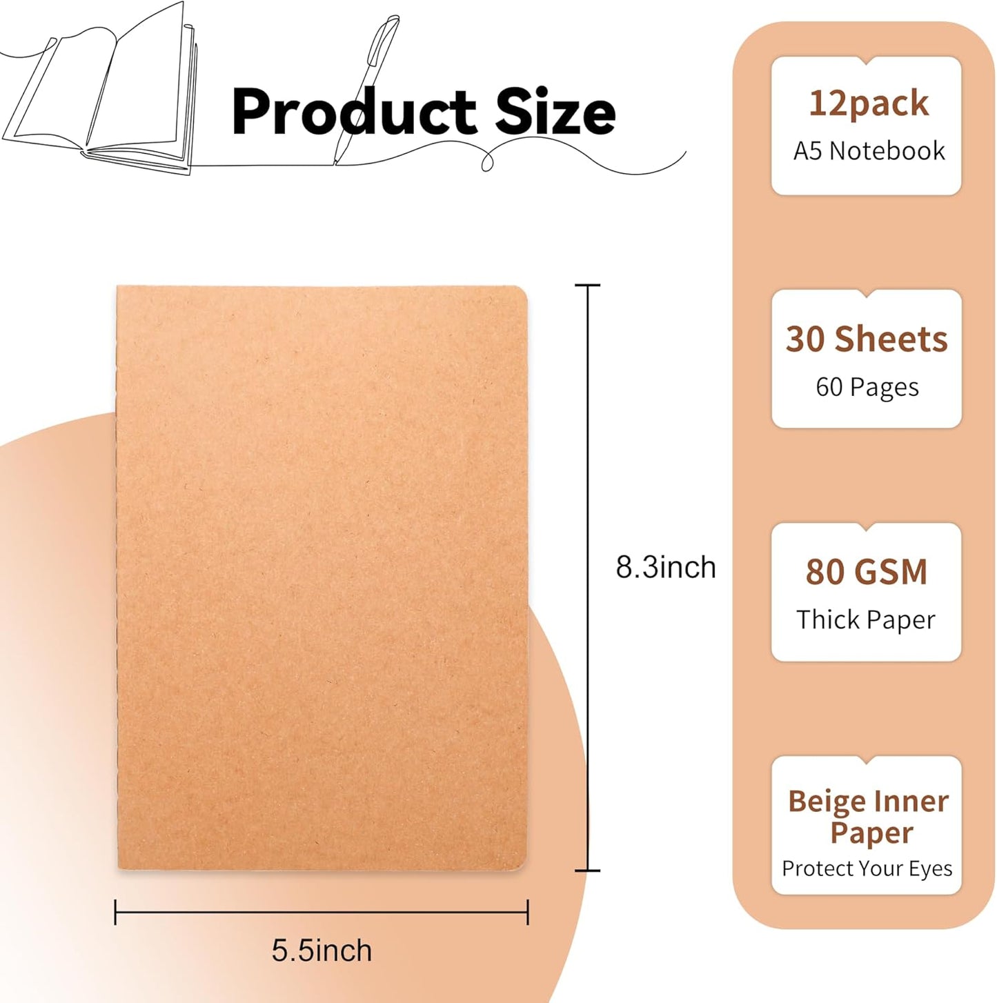 12 Pack Blank Kraft Notebooks, 8.3x5.5 Inches A5 Small Journals Bulk Blank Notebooks 80 Gsm Unlined with 60 Pages A5 Subject Notebooks Traveler Journal Set for Adult Students Back to School Supplies